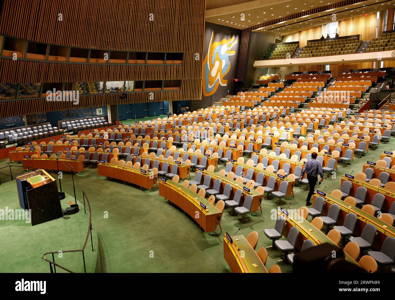 New York, United States. 19th Sep, 2023. Workers prepare UN General Assembly Hall for the UN General Assembly 78th session General Debate at the United Nations Headquarters on Tuesday, September 19, 2023 in New York City. Photo by John Angelillo/UPI Credit: UPI/Alamy Live News Stock Photo