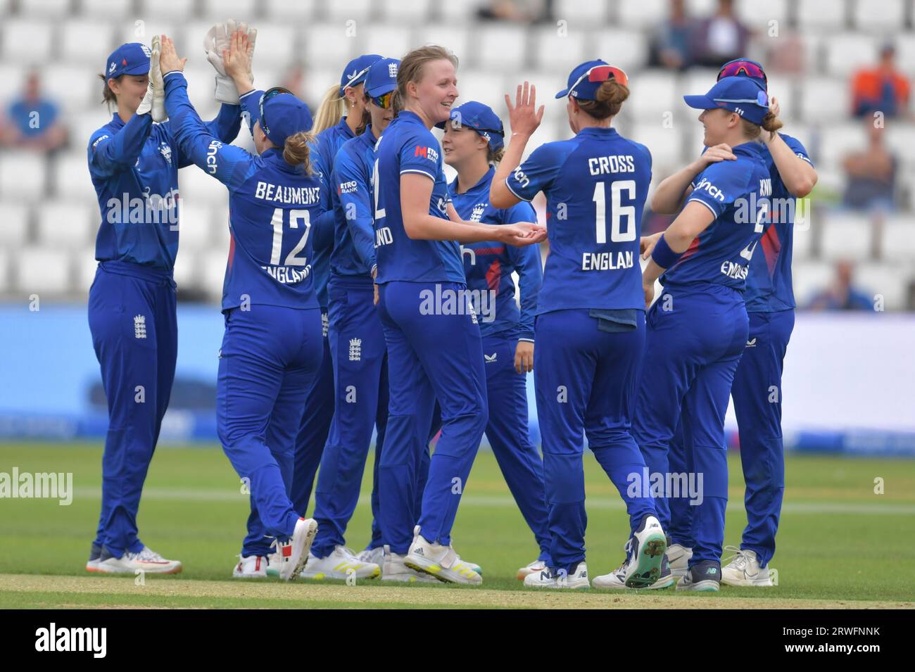 Northampton, England. 12 Sep 2023. Lauren Filer of England Women celebrates taking a wicket with her teammates in a game against Sri Lanka Women Stock Photo
