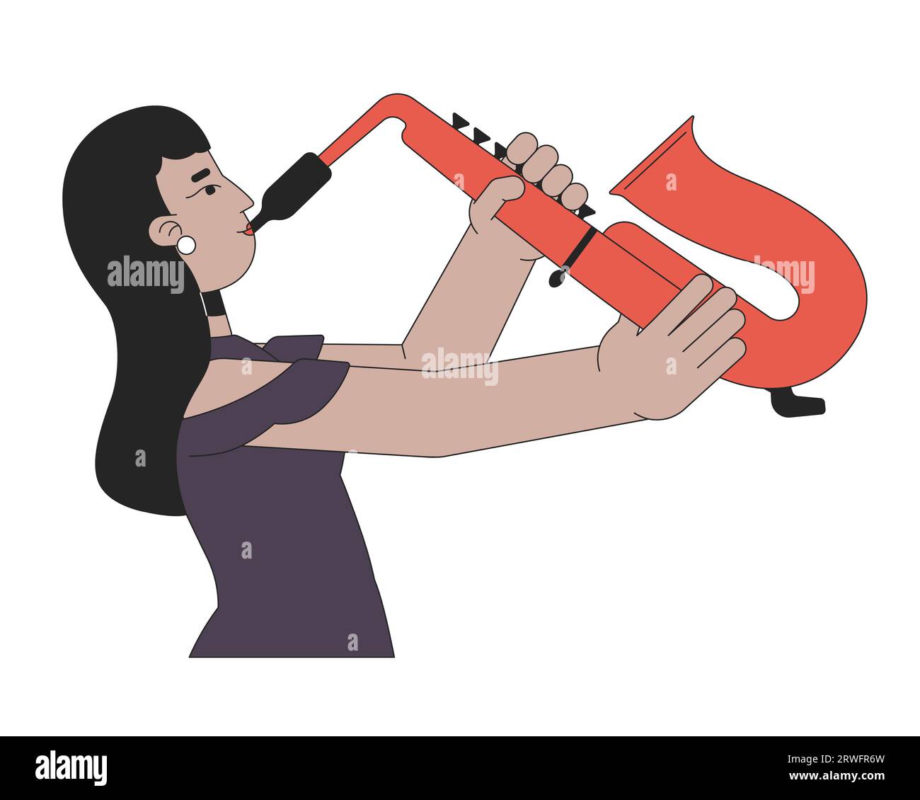 Elegant indian woman playing saxophone 2D linear cartoon character Stock Vector