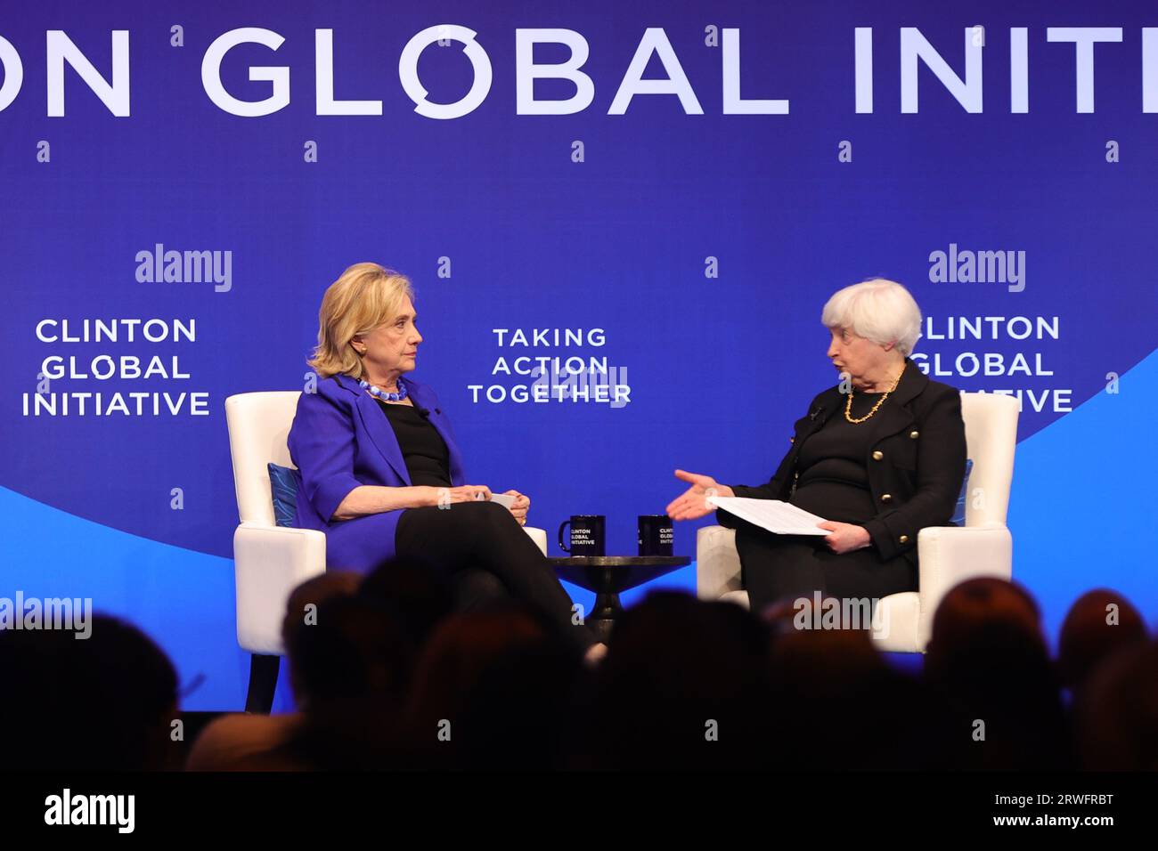 September 18, 2023, NY, USA: Hilton Hotel, New York, USA, September 18, 2023 - Former Secretary of State Hillary Clinton and Janet Yellen, United States Secretary of the Treasury, speak on day one of Clinton Global Initiative 2023 Meeting held at the Hilton Hotel today at the United Nations Headquarters in New York. Photo: Luiz Rampelotto/EuropaNewswire (Credit Image: © Luiz Rampelotto/ZUMA Press Wire) EDITORIAL USAGE ONLY! Not for Commercial USAGE! Stock Photo