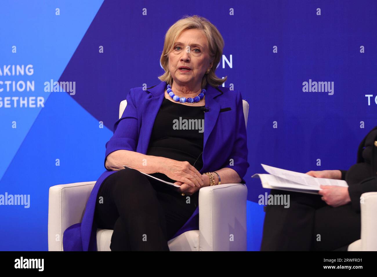 September 18, 2023, NY, USA: Hilton Hotel, New York, USA, September 18, 2023 - Former Secretary of State Hillary Clinton and Janet Yellen, United States Secretary of the Treasury, speak on day one of Clinton Global Initiative 2023 Meeting held at the Hilton Hotel today at the United Nations Headquarters in New York. Photo: Luiz Rampelotto/EuropaNewswire (Credit Image: © Luiz Rampelotto/ZUMA Press Wire) EDITORIAL USAGE ONLY! Not for Commercial USAGE! Stock Photo