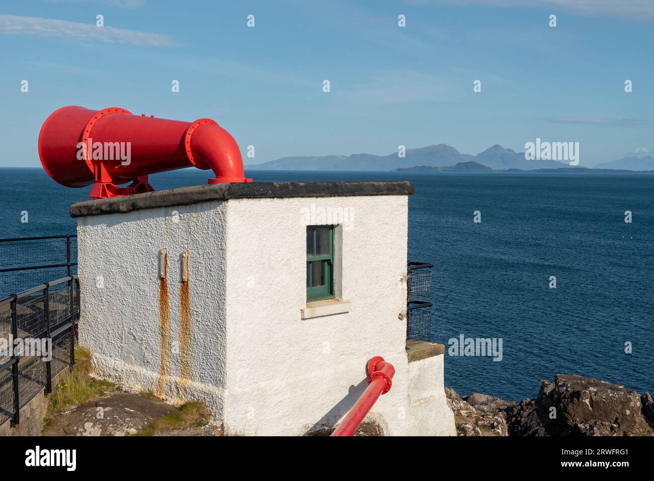 Ardnamurchan Lighthouse foghorn with superb views across to the Small Isles and Inner Hebrides, Ardnamurchan Peninsula, Scotland, UK Stock Photo