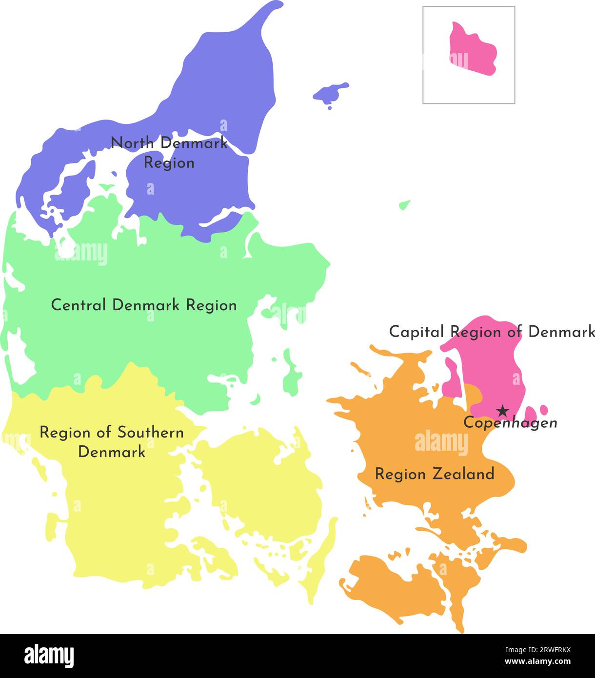Vector isolated illustration of simplified administrative map of Denmark. Borders and names of