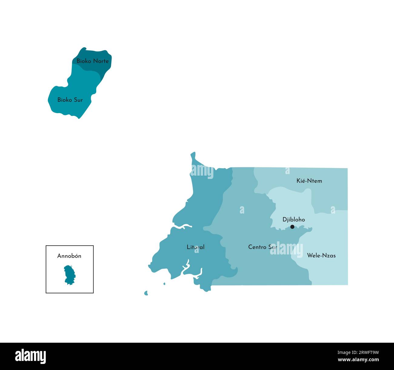 Vector isolated illustration of simplified administrative map of Equatorial Guinea. Borders and names of the provinces (regions). Colorful blue khaki Stock Vector