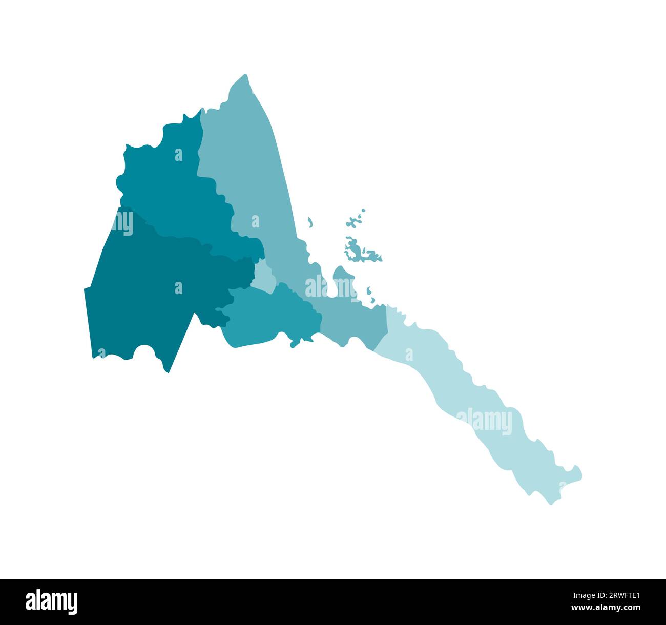 Vector isolated illustration of simplified administrative map of Eritrea. Borders of the regions. Colorful blue khaki silhouettes. Stock Vector