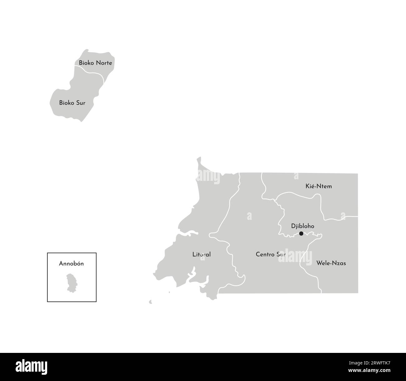 Vector isolated illustration of simplified administrative map of Equatorial Guinea. Borders and names of the provinces (regions). Grey silhouettes. W Stock Vector