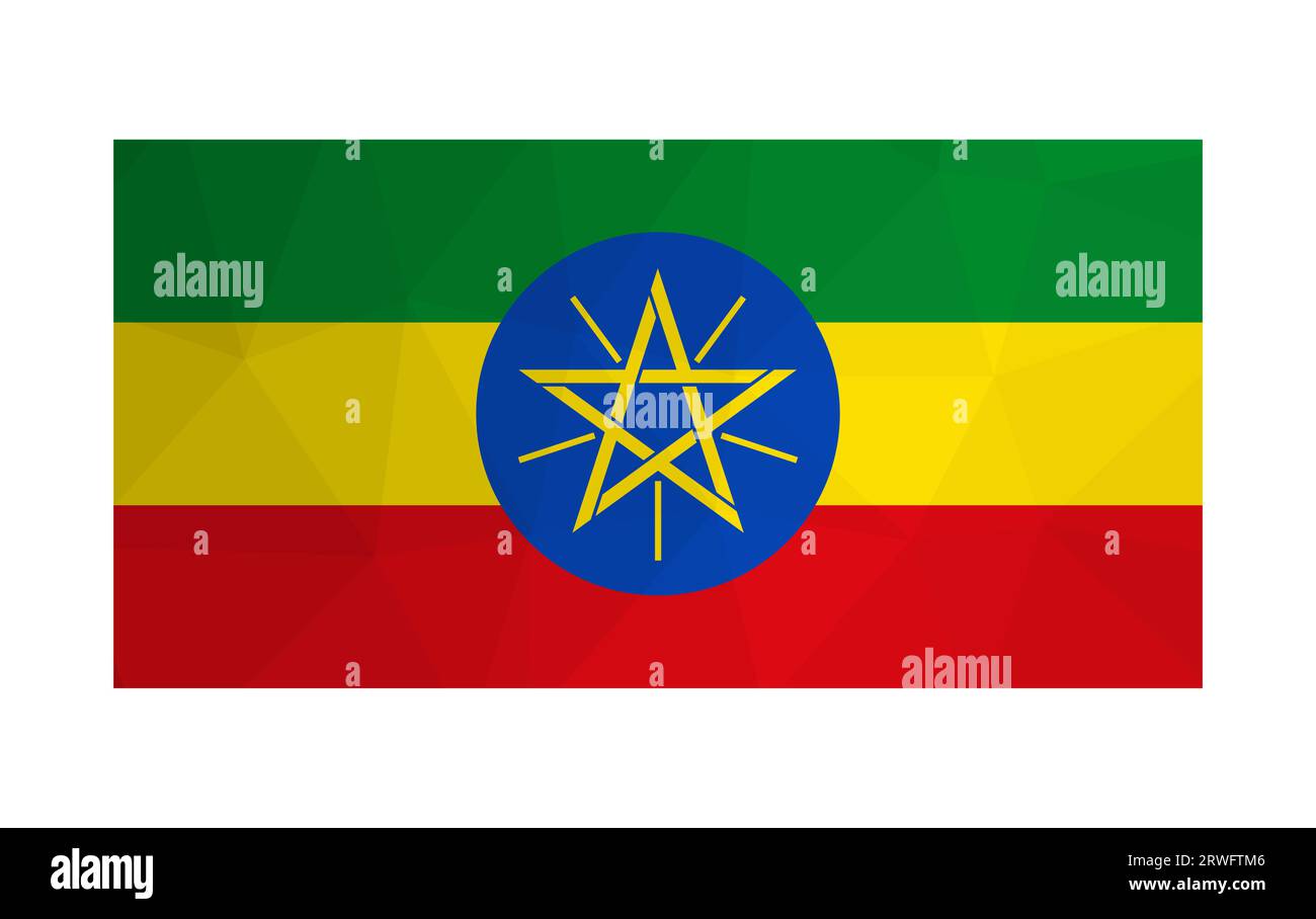 Vector isolated illustration. Official symbol of Ethiopia. National flag with yellow star. Creative design in low poly style with triangular shapes. G Stock Vector