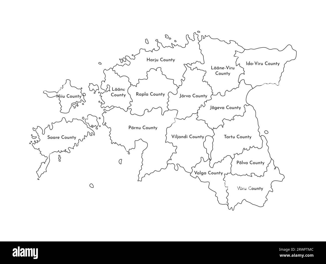 Vector isolated illustration of simplified administrative map of Estonia. Borders and names of the regions. Black line silhouettes. Stock Vector