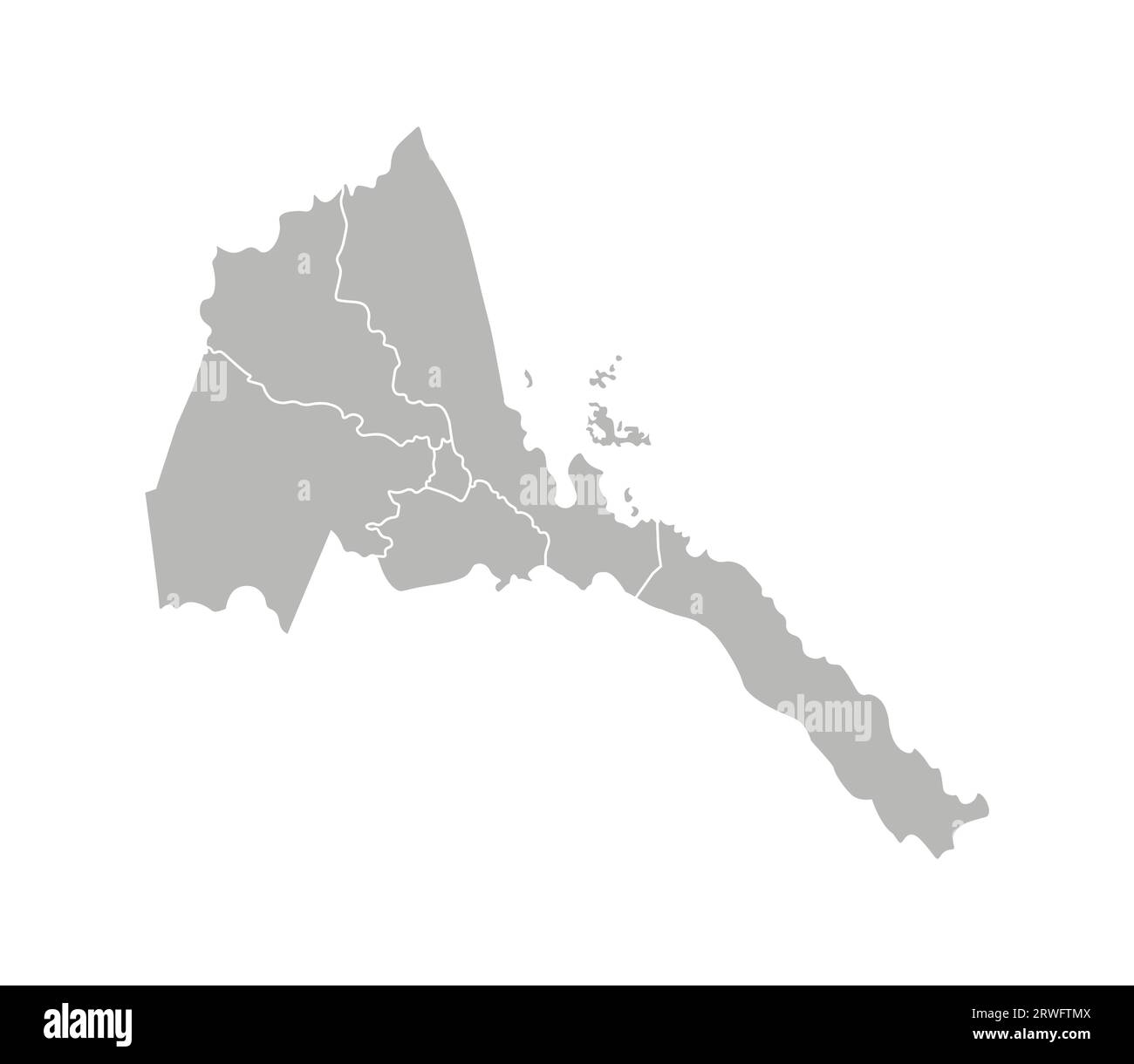 Vector isolated illustration of simplified administrative map of Eritrea. Borders of the regions. Grey silhouettes. White outline Stock Vector