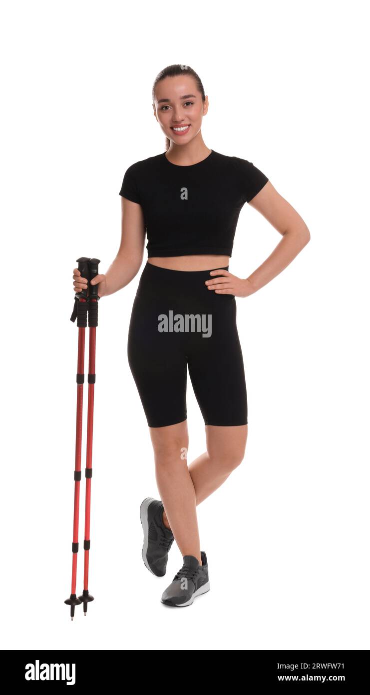 Woman with poles for Nordic walking isolated on white Stock Photo