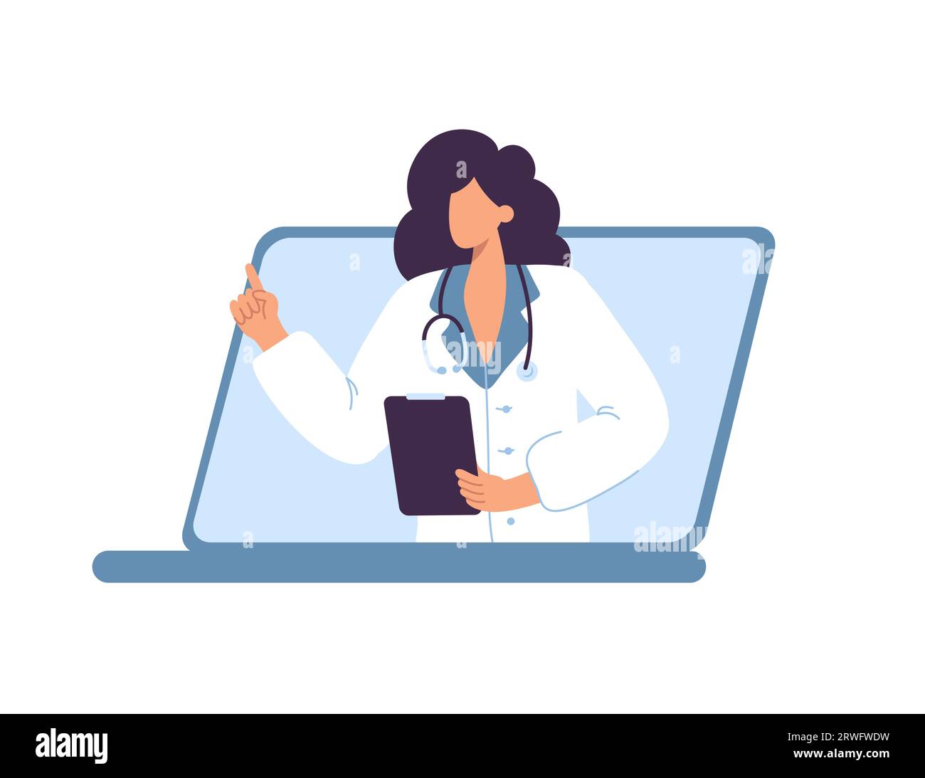 Female Character Doctor online in Laptop, Visiting doctor using online technology with Patient Files, Prescribing Medications. Cartoon People Flat Stock Vector