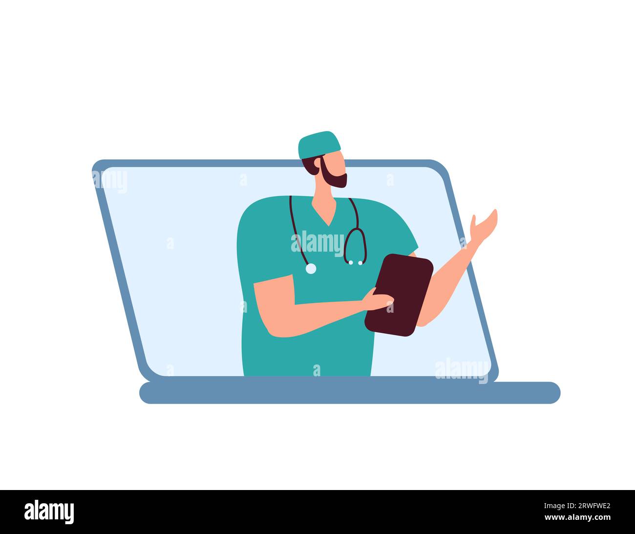 Mature Male Character Doctor online in Laptop, Telemedicine concept with Patient Files, Prescribing Medications. Cartoon People Vector Flat Stock Vector