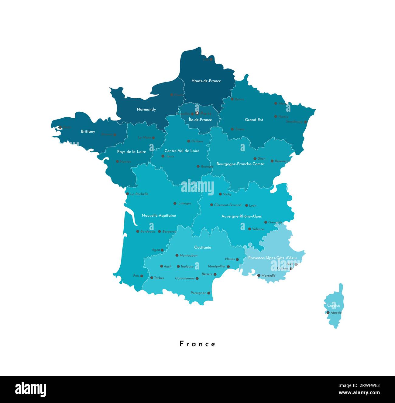 Vector isolated modern illustration. Simplified geographical  map of France (Mainland region). Blue shape, whie background. Names of big french cities Stock Vector