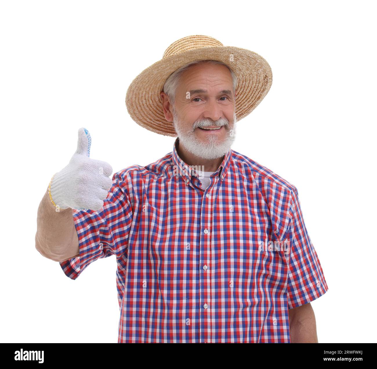 Harvesting season. Happy farmer showing thumb up on white background ...