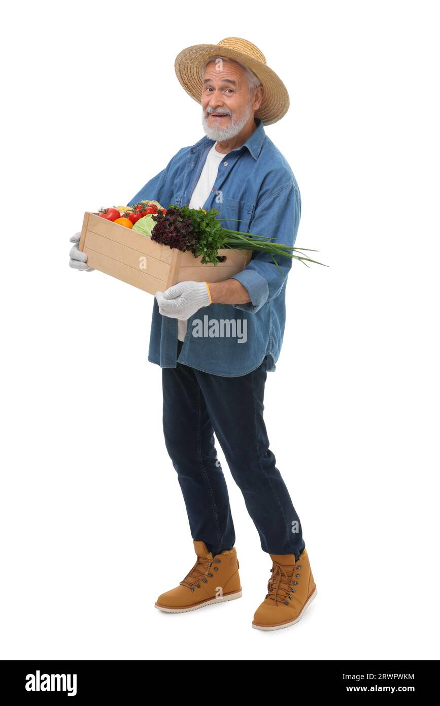 Harvesting season. Happy farmer holding wooden crate with vegetables on ...