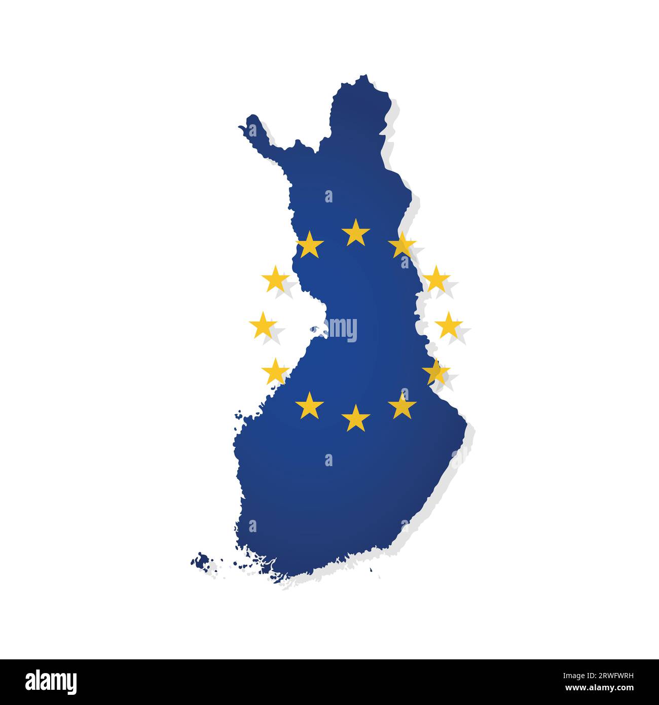 Vector illustration with isolated map of member of European Union - Finland; Concept for finnush design decorated by the EU flag with yellow stars on Stock Vector