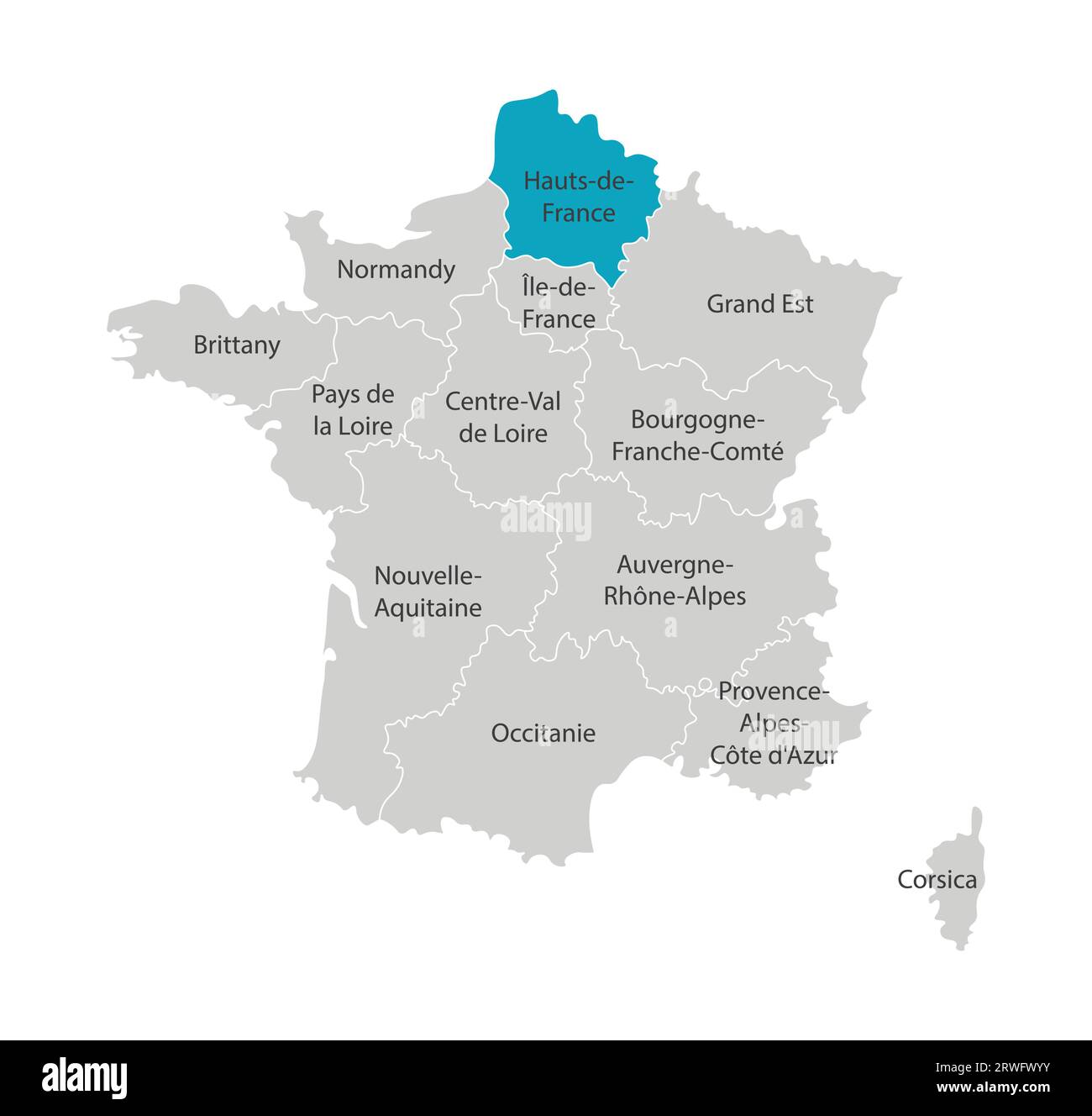 Vector isolated illustration of simplified administrative map of France. Blue shape of Hauts-de-France. Borders of the provinces (regions). Grey silho Stock Vector