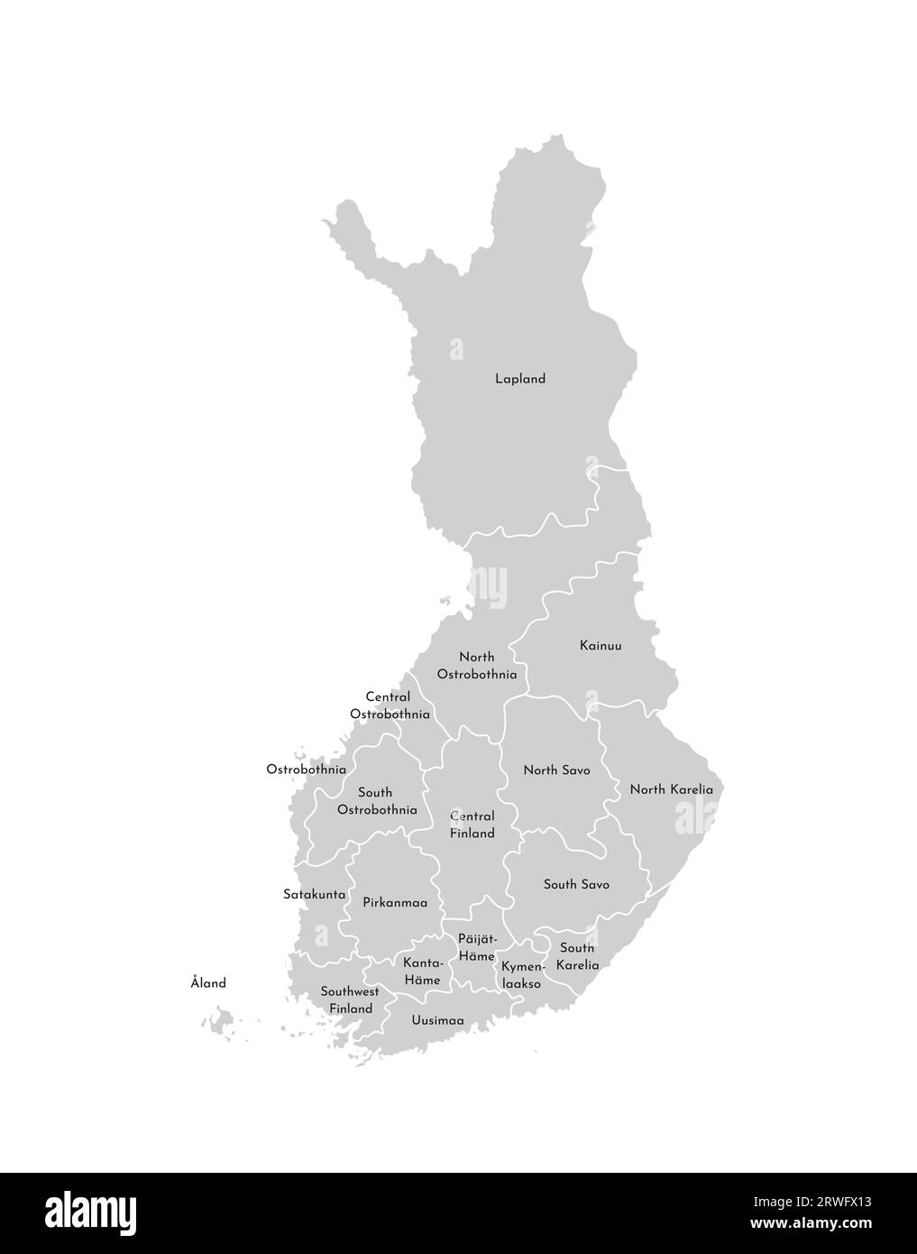 Vector isolated illustration of simplified administrative map of Finland. Borders and names of the regions. Grey silhouettes. White outline Stock Vector