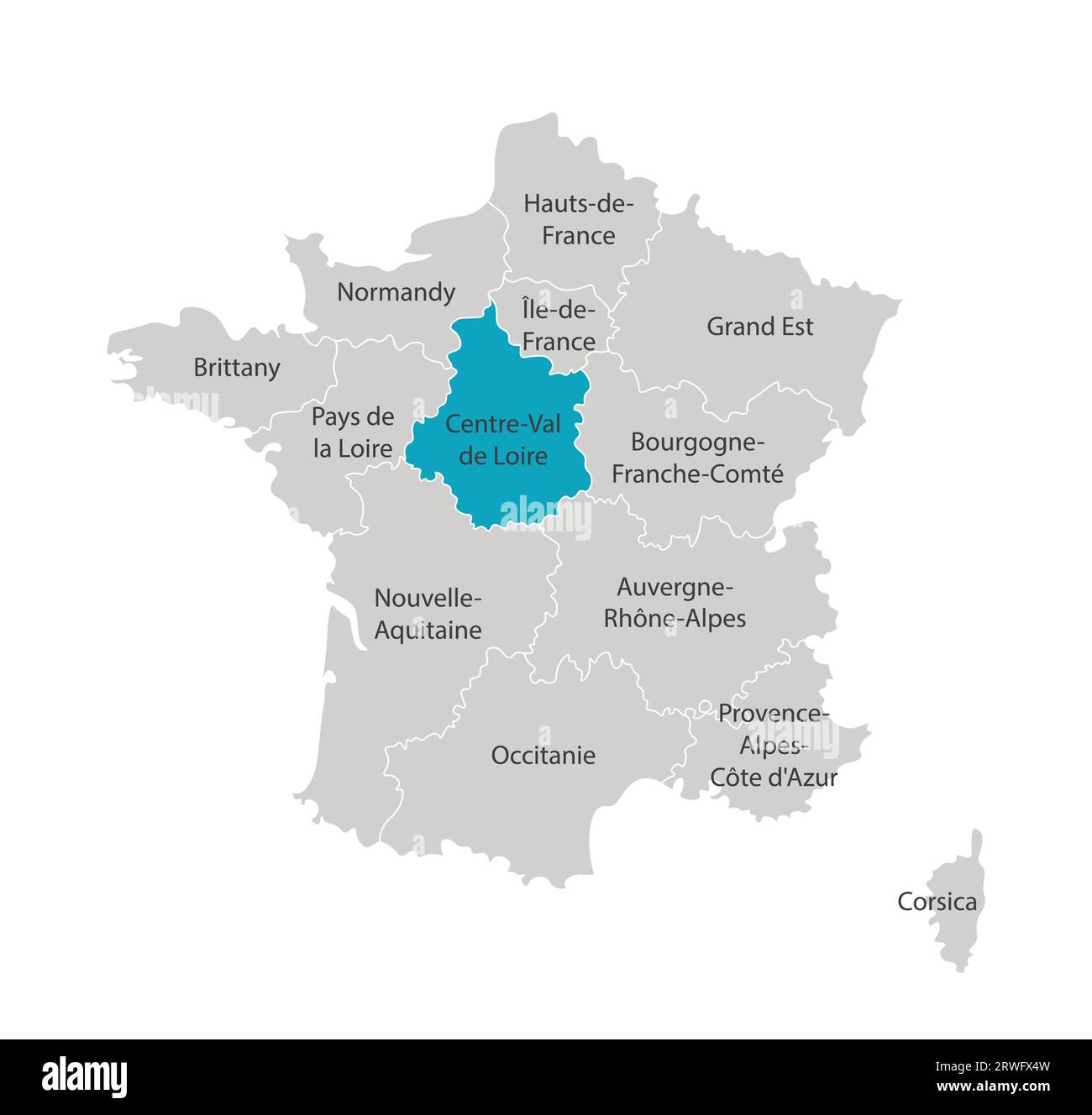 Vector isolated illustration of simplified administrative map of France. Blue shape of Centre-Val de Loire. Borders of the provinces (regions). Grey s Stock Vector