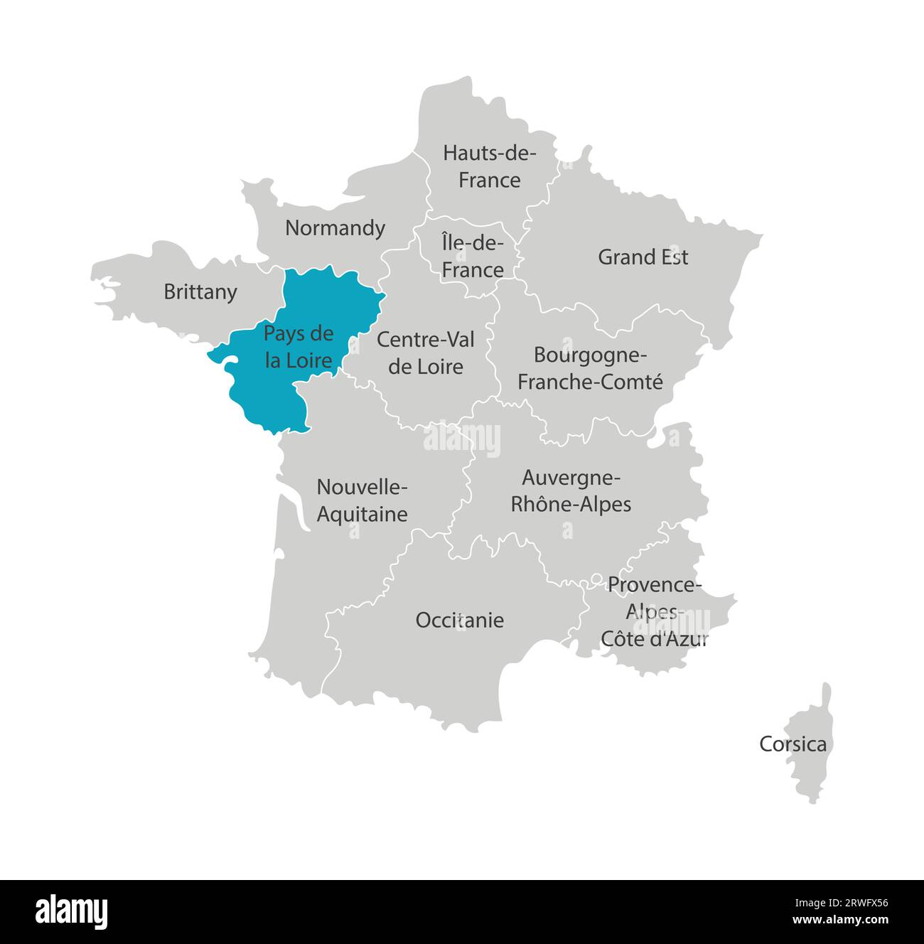 Vector isolated illustration of simplified administrative map of France. Blue shape of Pays de la Loire. Borders of the provinces (regions). Grey silh Stock Vector