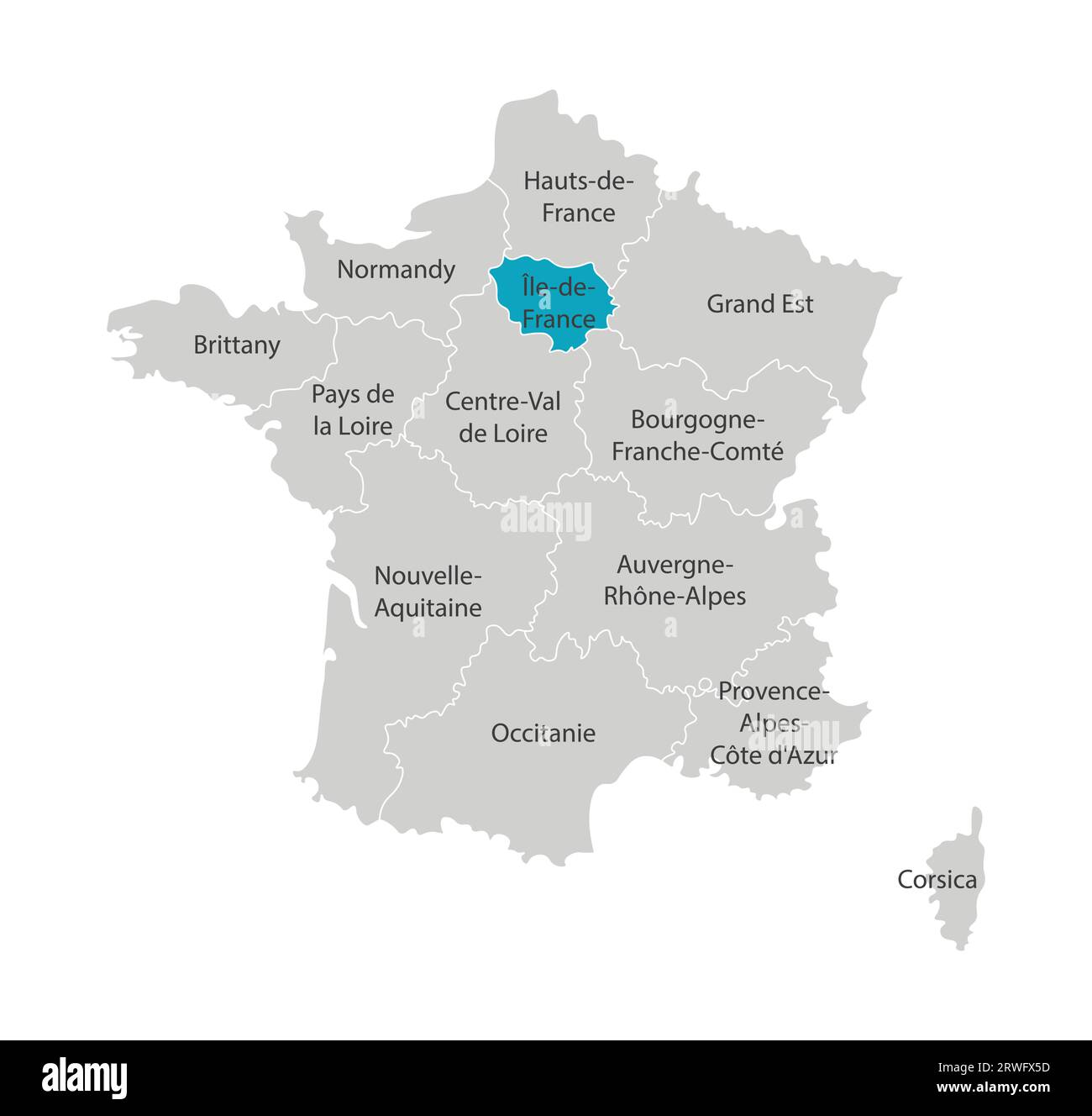 Vector isolated illustration of simplified administrative map of France. Blue shape of Île-de-France. Borders of the provinces (regions). Grey silhoue Stock Vector