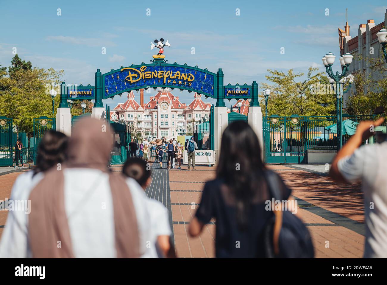 Paris, France- September 2023: Entering the main gate of the amusement park Disneyland Stock Photo