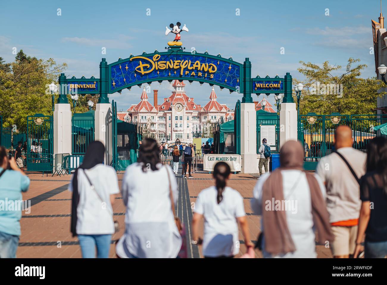 Paris, France- September 2023: Entering the main gate of the amusement park Disneyland Stock Photo