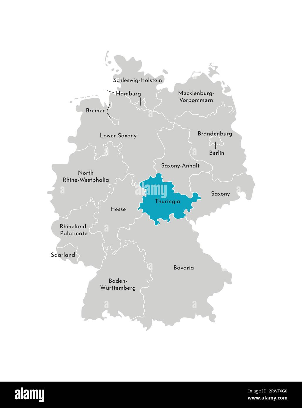 Vector isolated illustration of simplified administrative map of Germany. Blue silhouette of Thuringia (state). Grey silhouettes. White outline Stock Vector