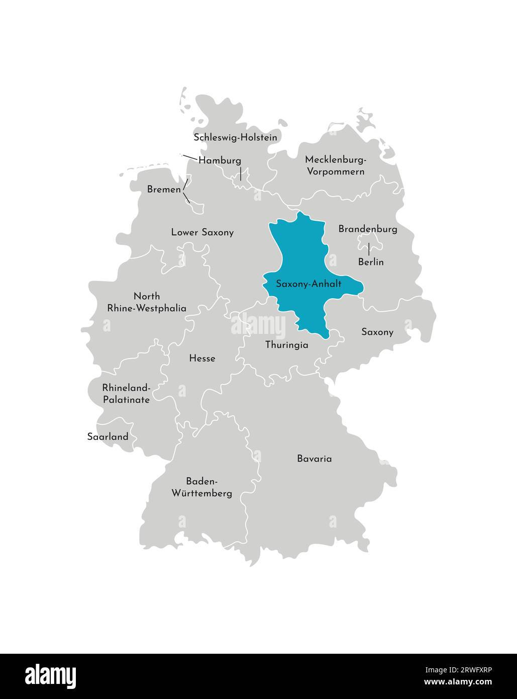 Vector isolated illustration of simplified administrative map of Germany. Blue silhouette of Saxony-Anhalt (state). Grey silhouettes. White outline Stock Vector