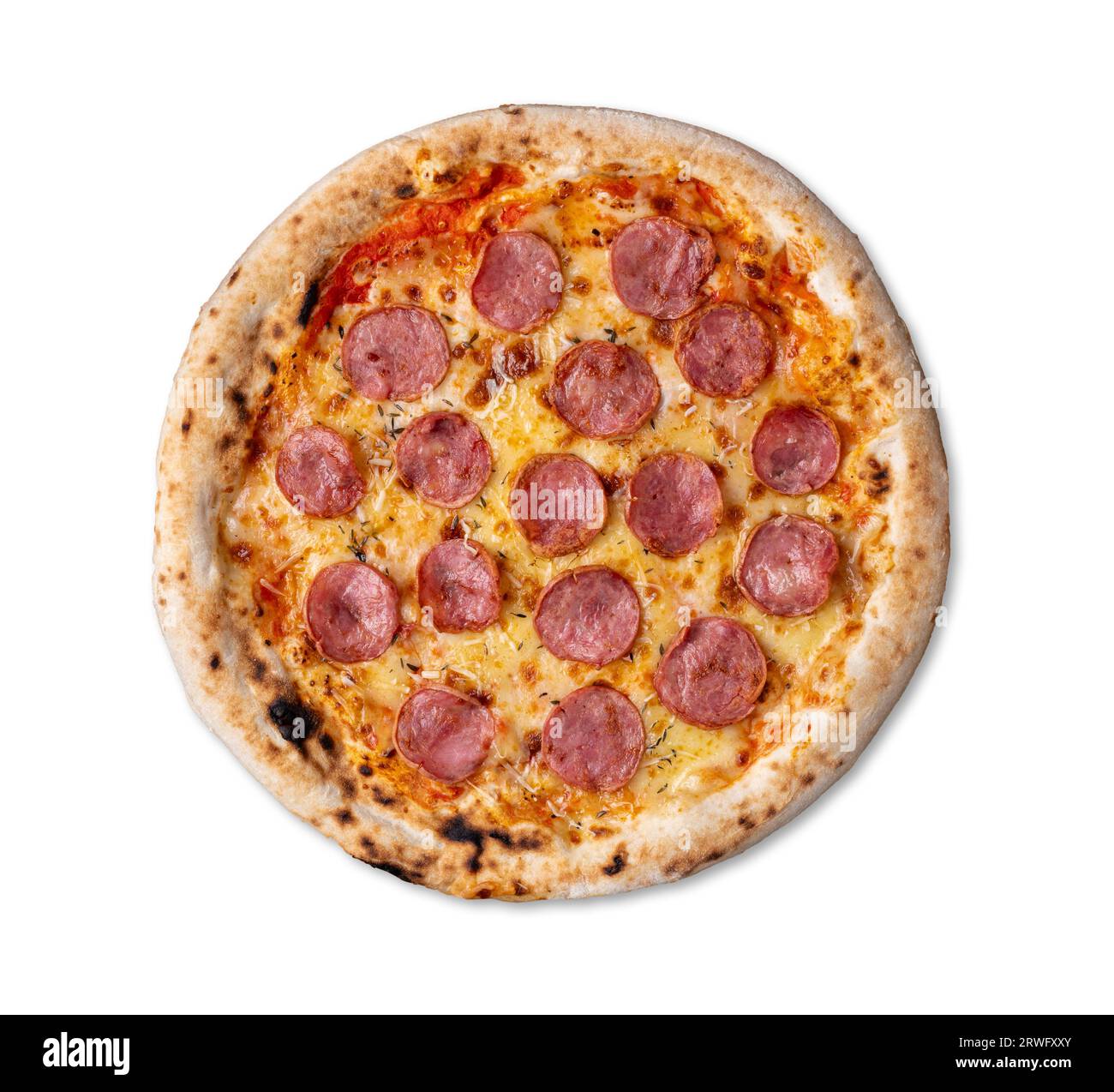 Calabrese sausage style pizza isolated over white background Stock