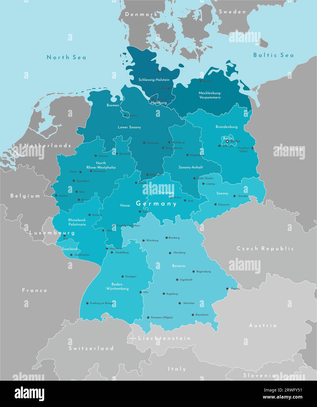 Vector modern illustration. Simplified geographical  map of Germany and nearest european states. Blue background of North and Baltic seas. Names of De Stock Vector