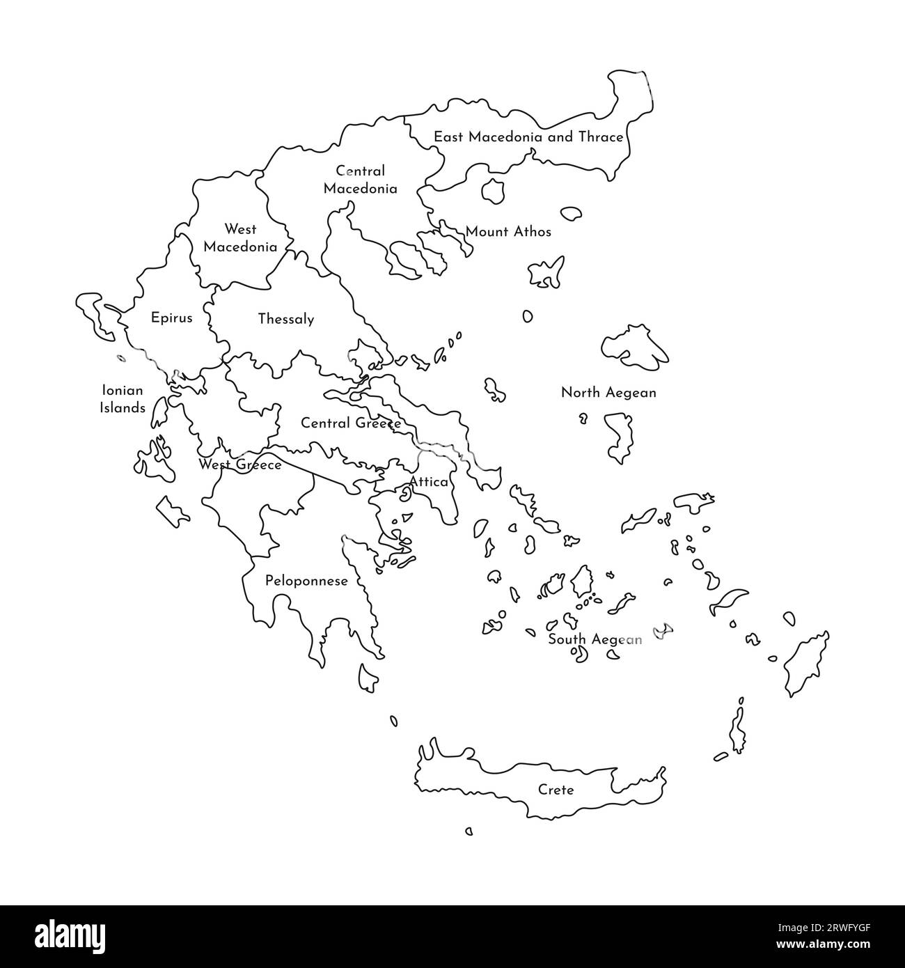 Vector isolated illustration of simplified administrative map of Greece. Borders and names of the regions. Black line silhouettes. Stock Vector