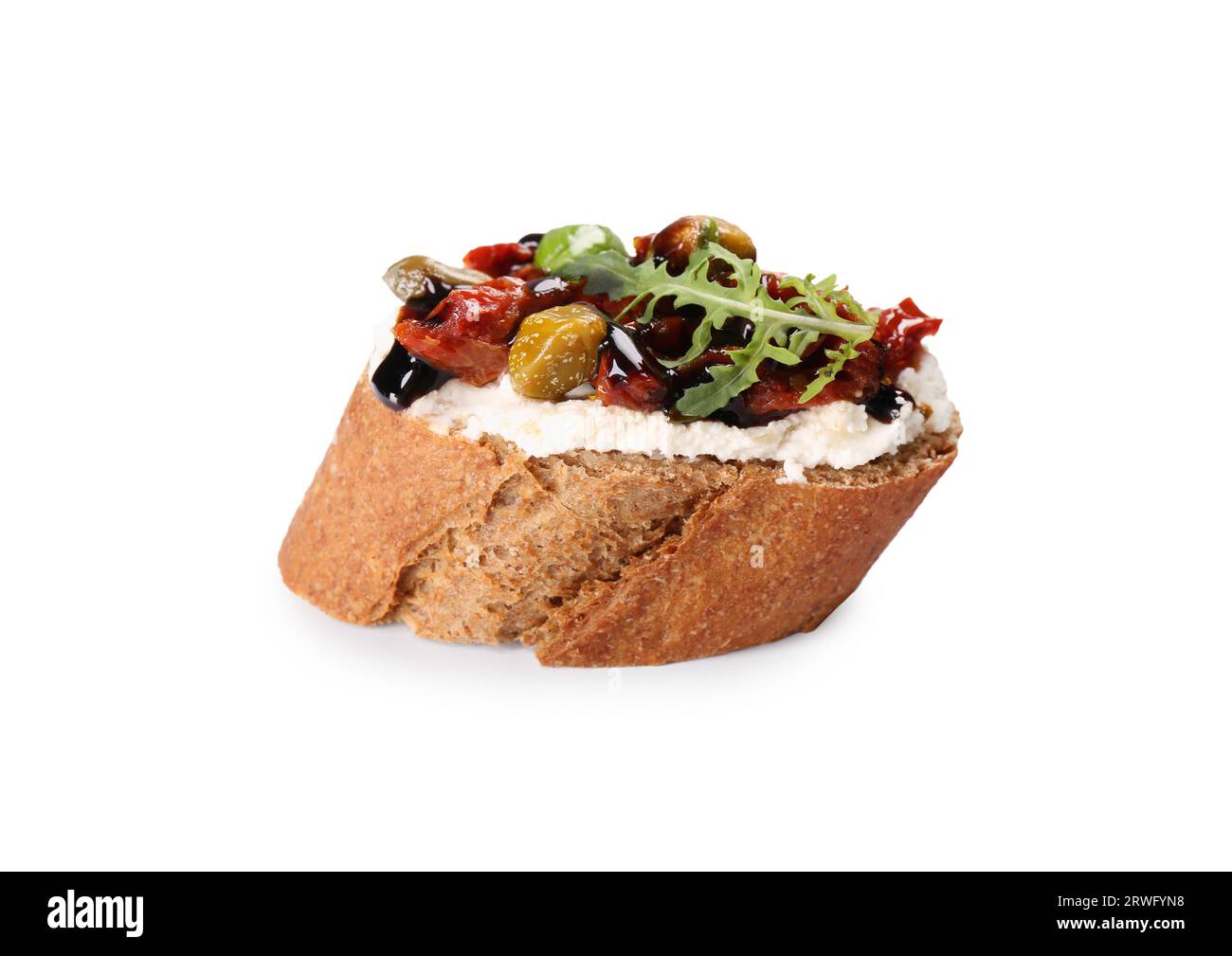 Delicious bruschetta with balsamic vinegar and toppings isolated on white Stock Photo Alamy