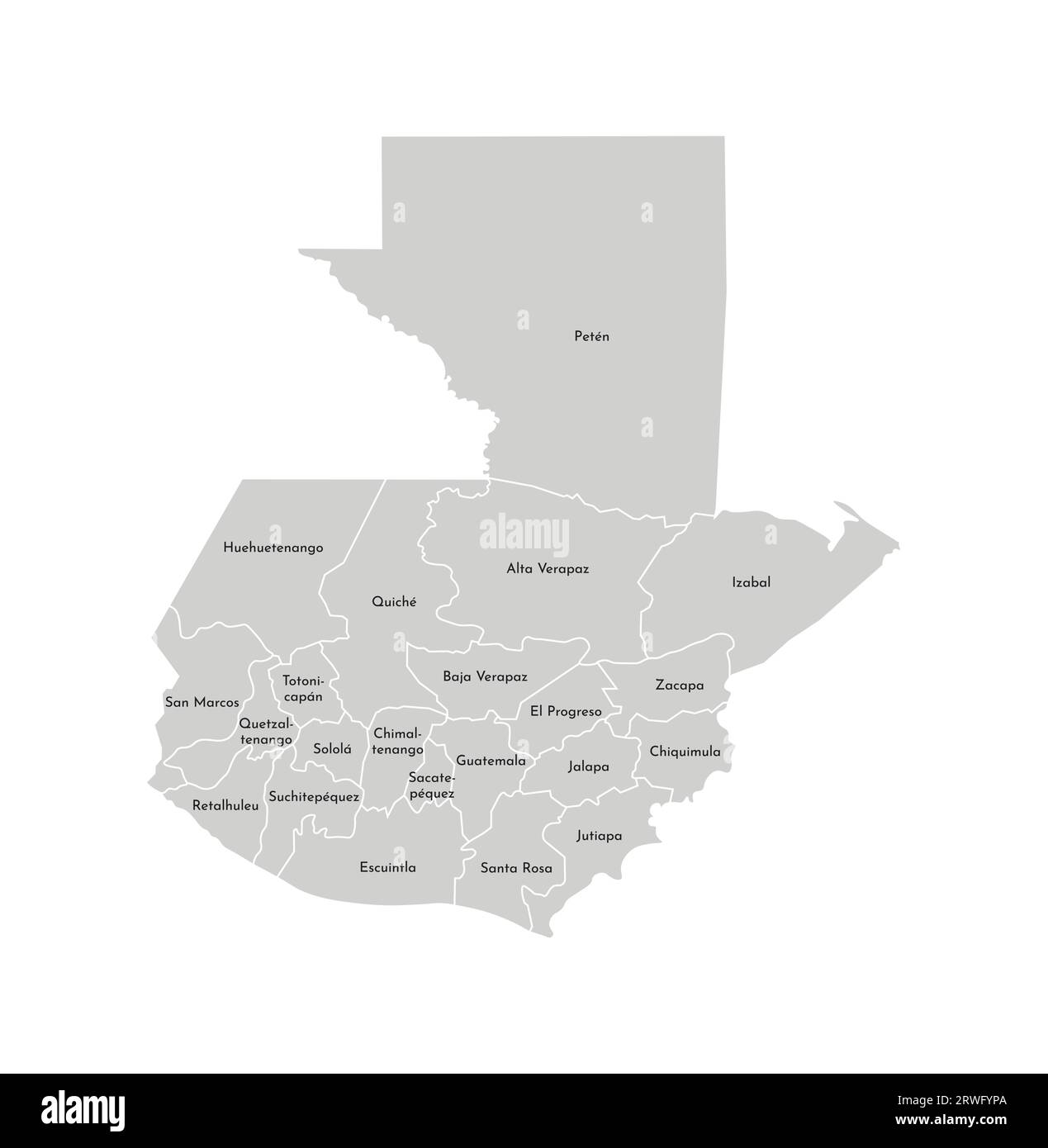 Vector isolated illustration of simplified administrative map of Guatemala. Borders and names of the departments (regions). Grey silhouettes. White ou Stock Vector