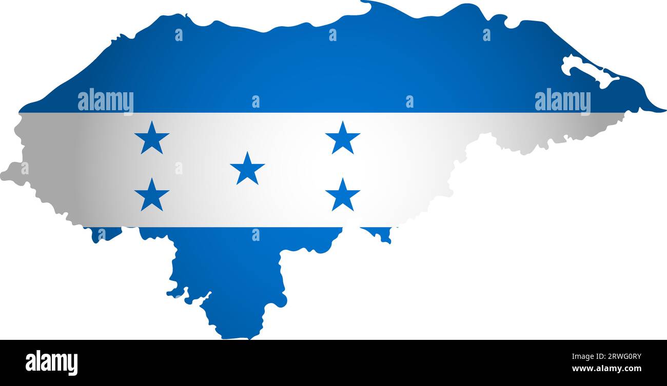 Illustration with Honduran national flag with simplified  shape of Honduras map (jpg). Volume shadow on the map Stock Vector