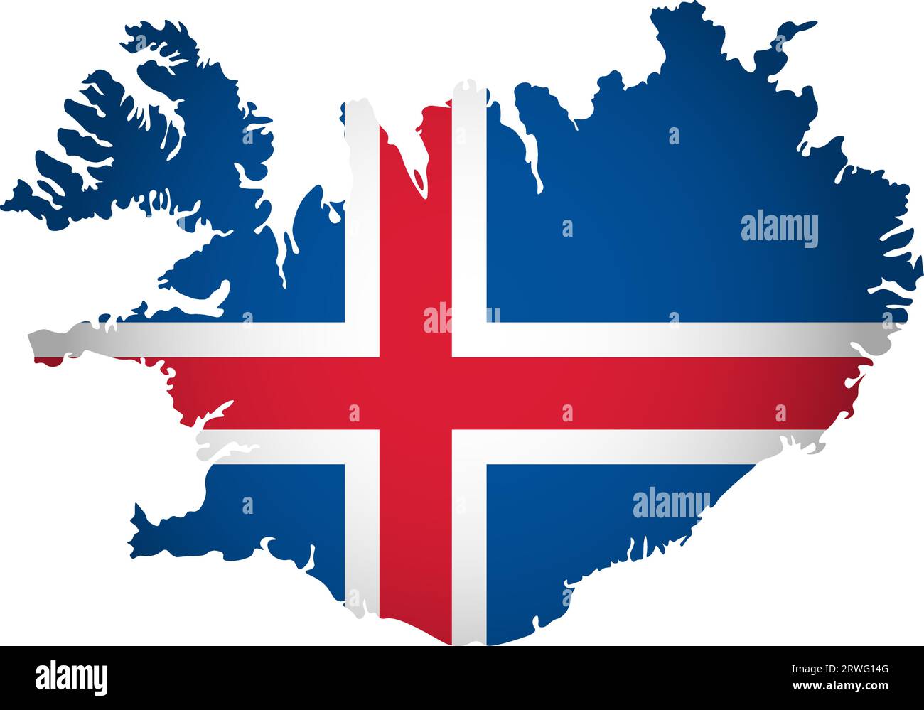 Illustration with Icelandic national flag with simplified  shape of Iceland map (jpg). Volume shadow on the map Stock Vector