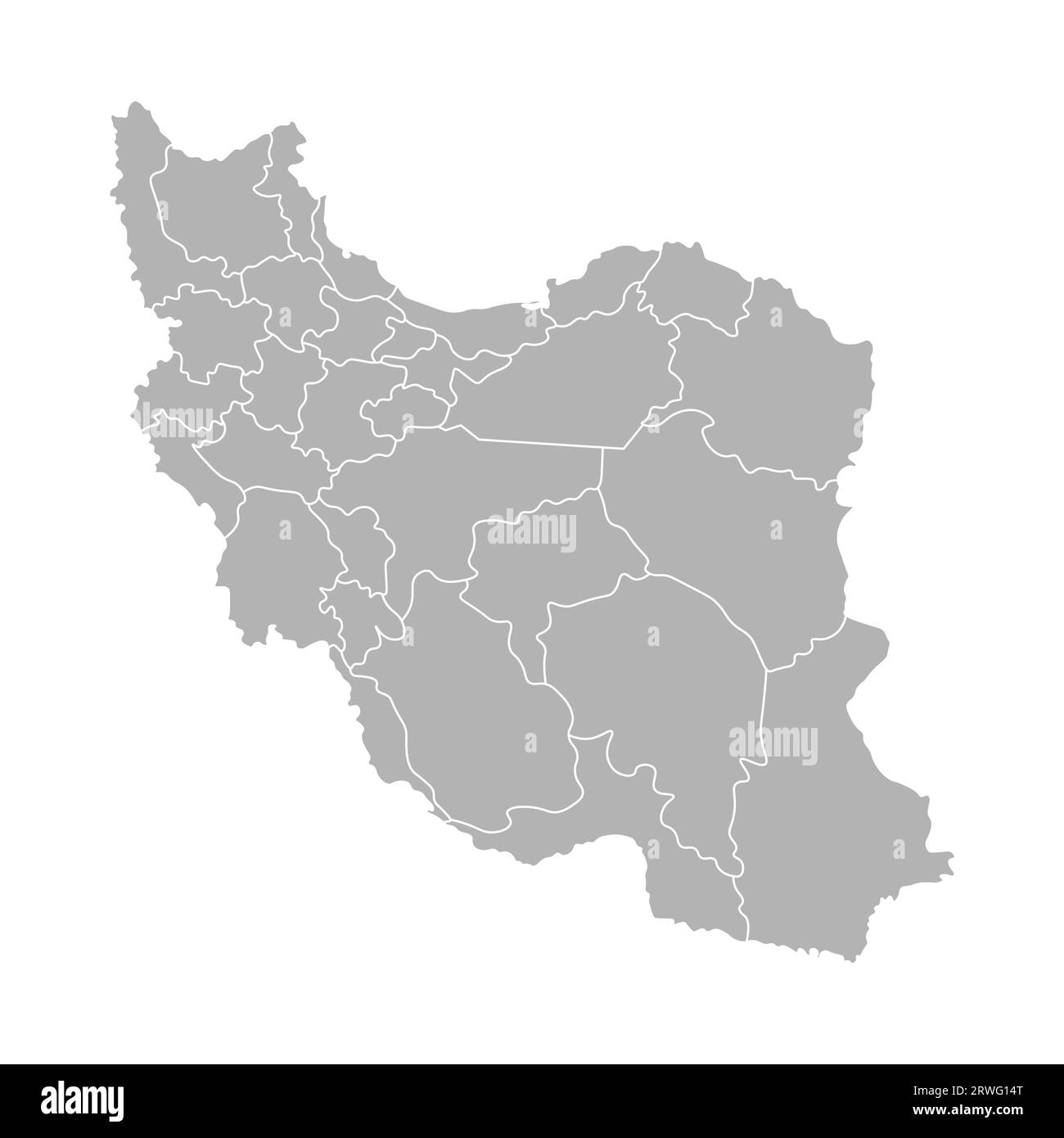 Vector isolated illustration of simplified administrative map of Iran. Borders of the provinces (regions). Grey silhouettes. White outline. Stock Vector