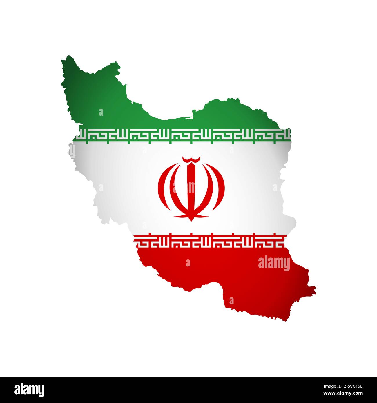 Vector isolated illustration with Iran national flag with shape of Islamic Republic of Iran map (simplified). Volume shadow on the map. White backgrou Stock Vector