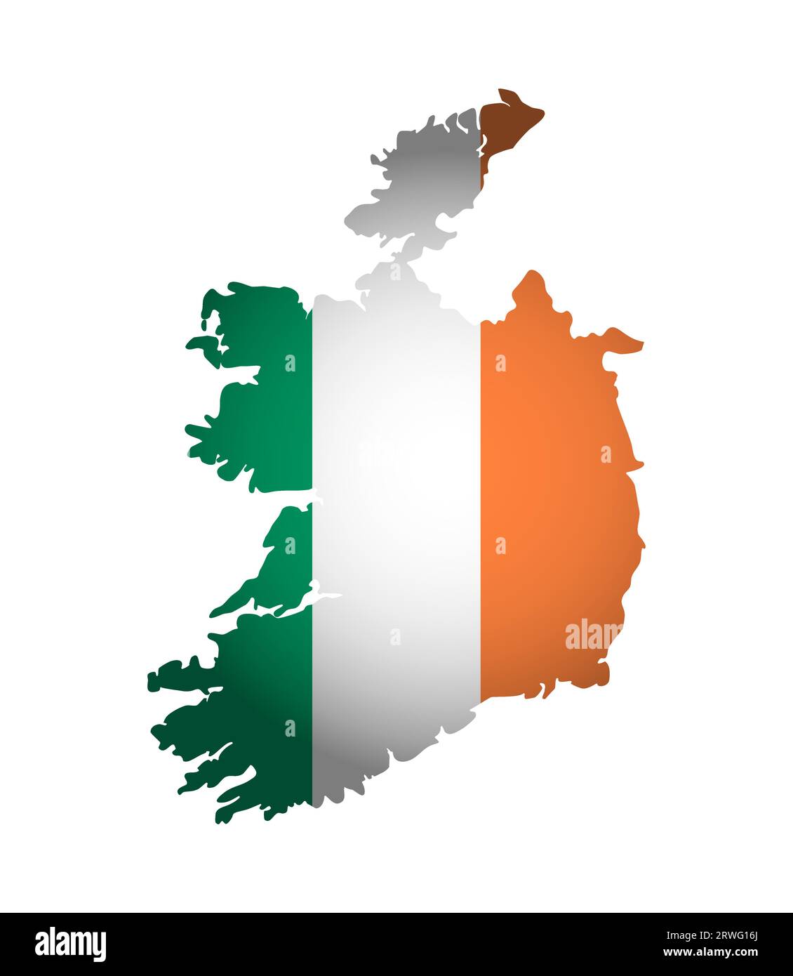 Vector illustration with irish national flag with shape of Ireland map. Orange, white, green colors. Volume shadow on the map. Stock Vector