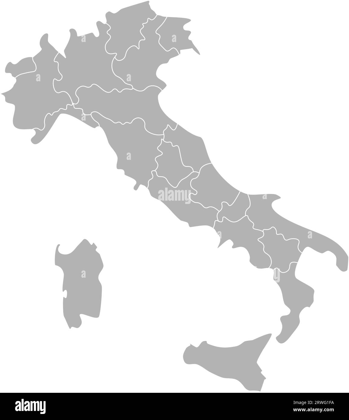 Vector isolated illustration of simplified administrative map of Italy. Borders of the provinces (regions). Grey silhouettes. White outline. Stock Vector