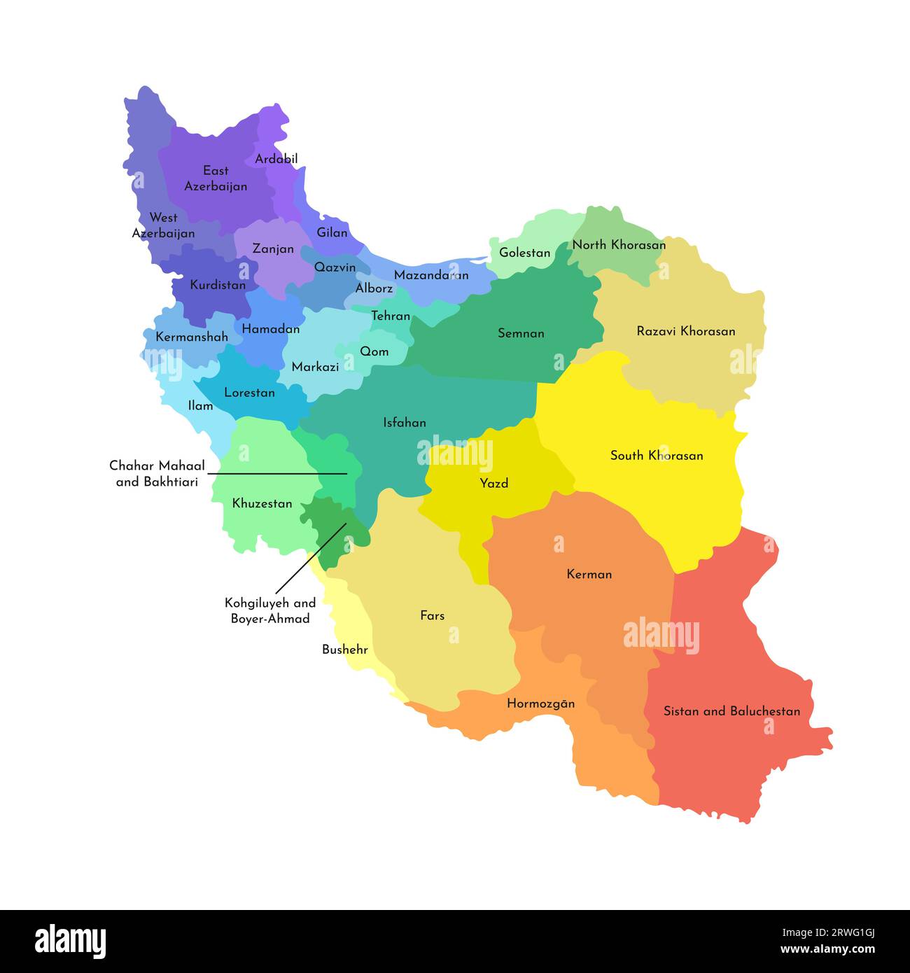 Vector isolated illustration of simplified administrative map of Iran. Borders and names of the provinces. Multi colored silhouettes. Stock Vector