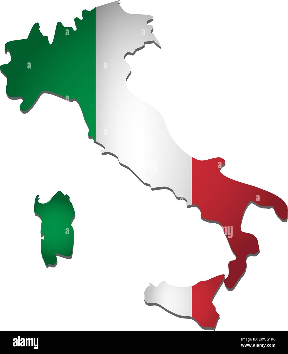 Vector illustration with Italy national flag with shape of Italy map (simplified). Volume shadow