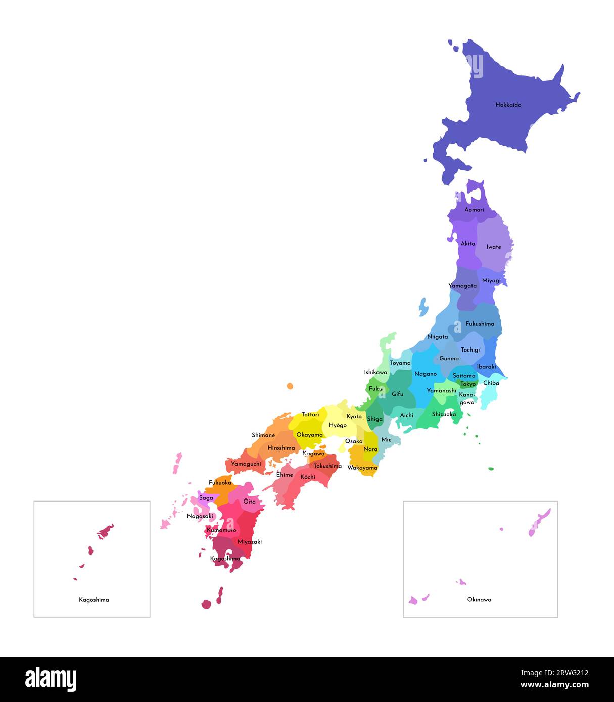 Vector isolated illustration of simplified administrative map of Japan. Borders and names of the prefectures. Multi colored silhouettes. Stock Vector