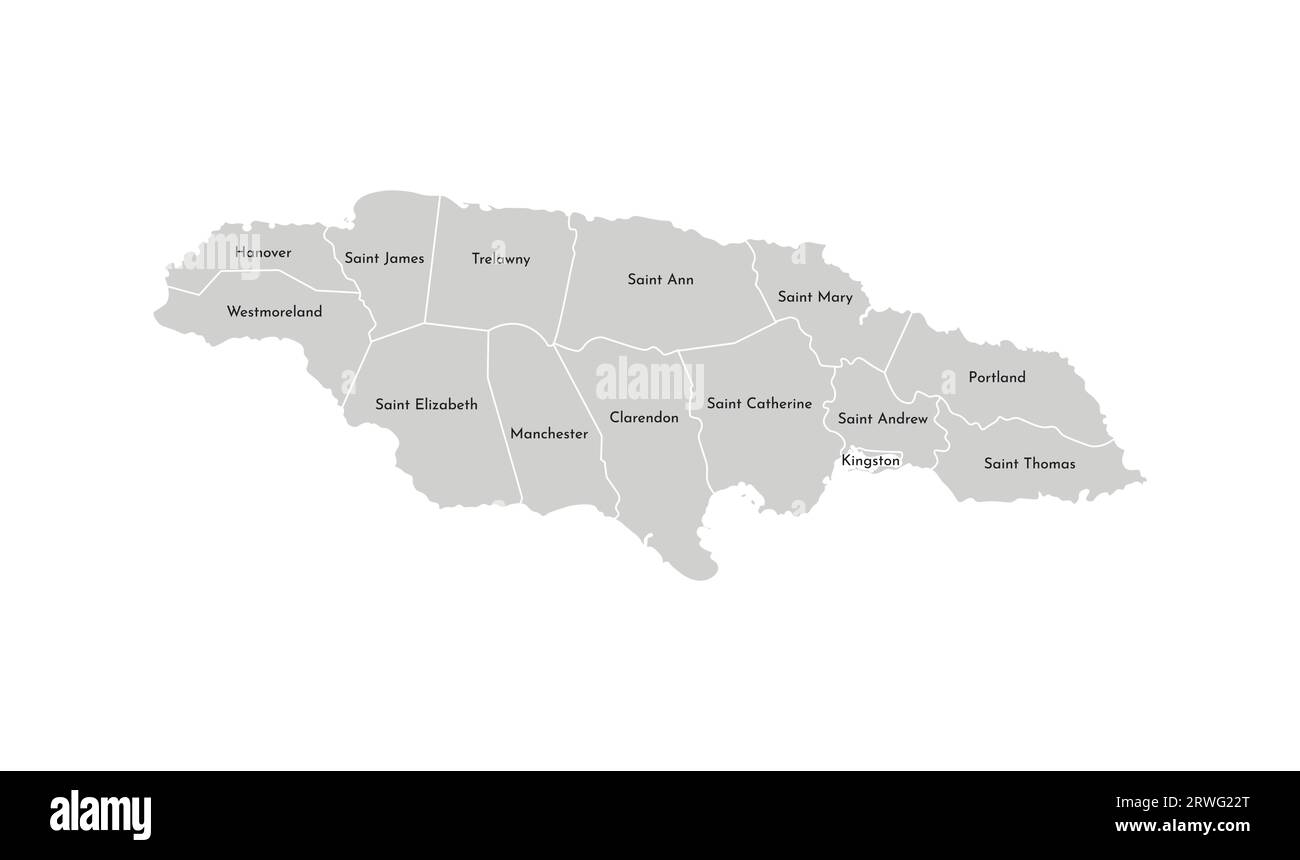 Vector isolated illustration of simplified administrative map of Jamaica. Borders and names of the parishes (regions). Grey silhouettes. White outline Stock Vector