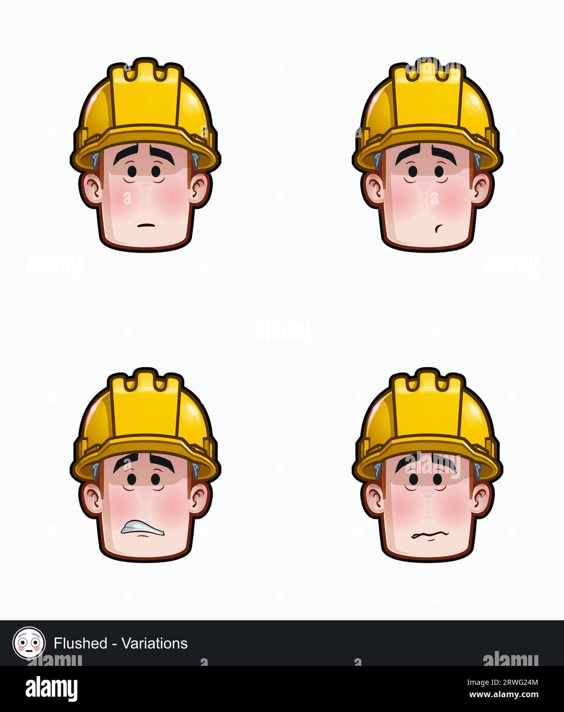 Icon set of a construction worker face with Flushed emotional expression variations. All elements neatly on well described layers and groups. Stock Vector