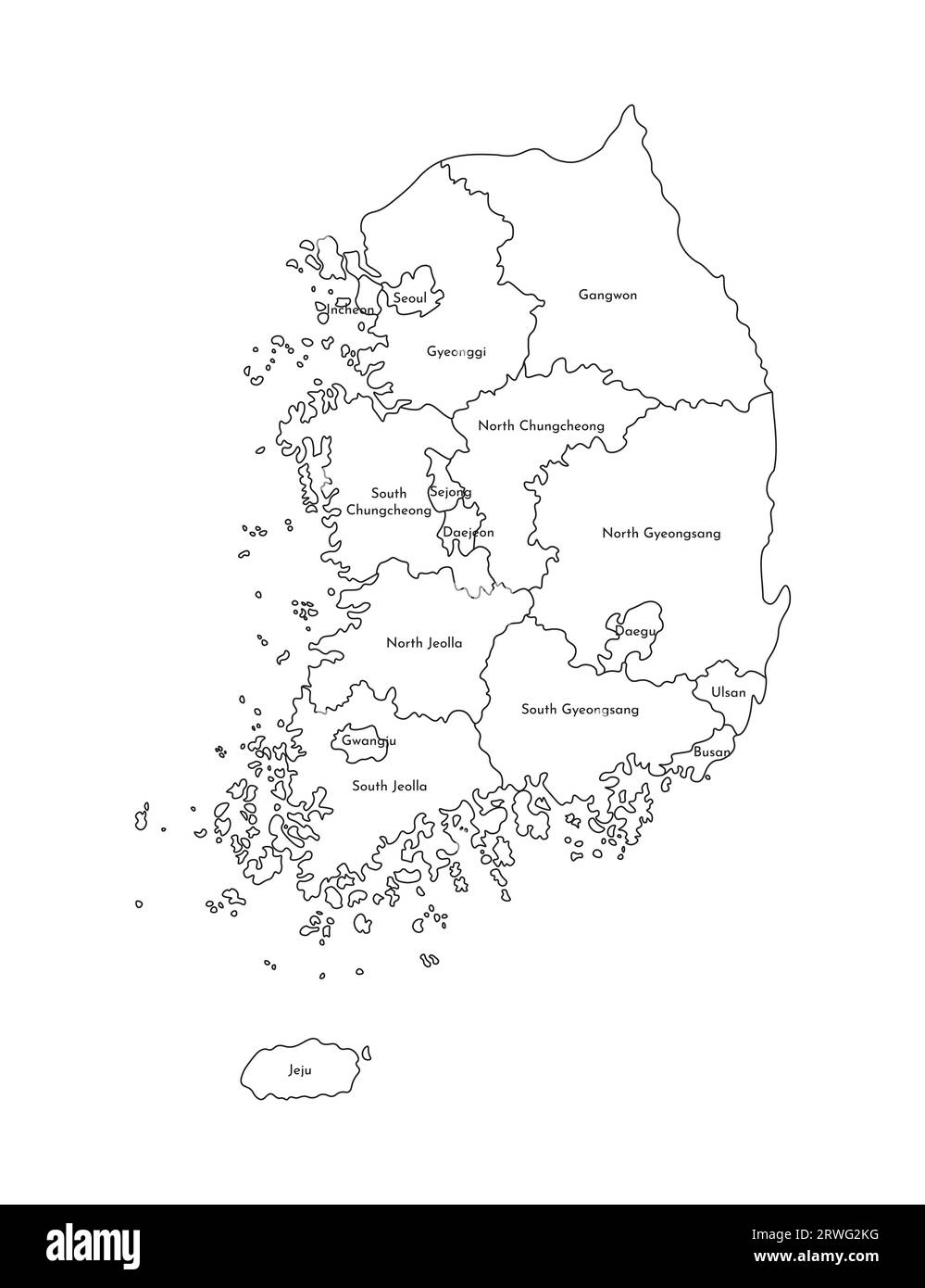 Vector isolated illustration of simplified administrative map of South Korea (Republic of Korea). Borders and names of the regions. Black line silhoue Stock Vector