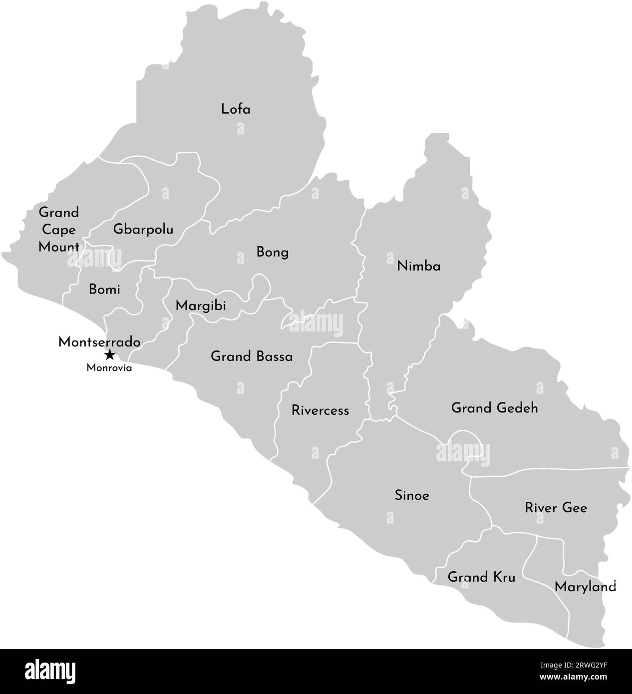 Vector isolated illustration of simplified   administrative map Liberia. Borders of the counties and names. Grey silhouettes and white outline. White Stock Vector