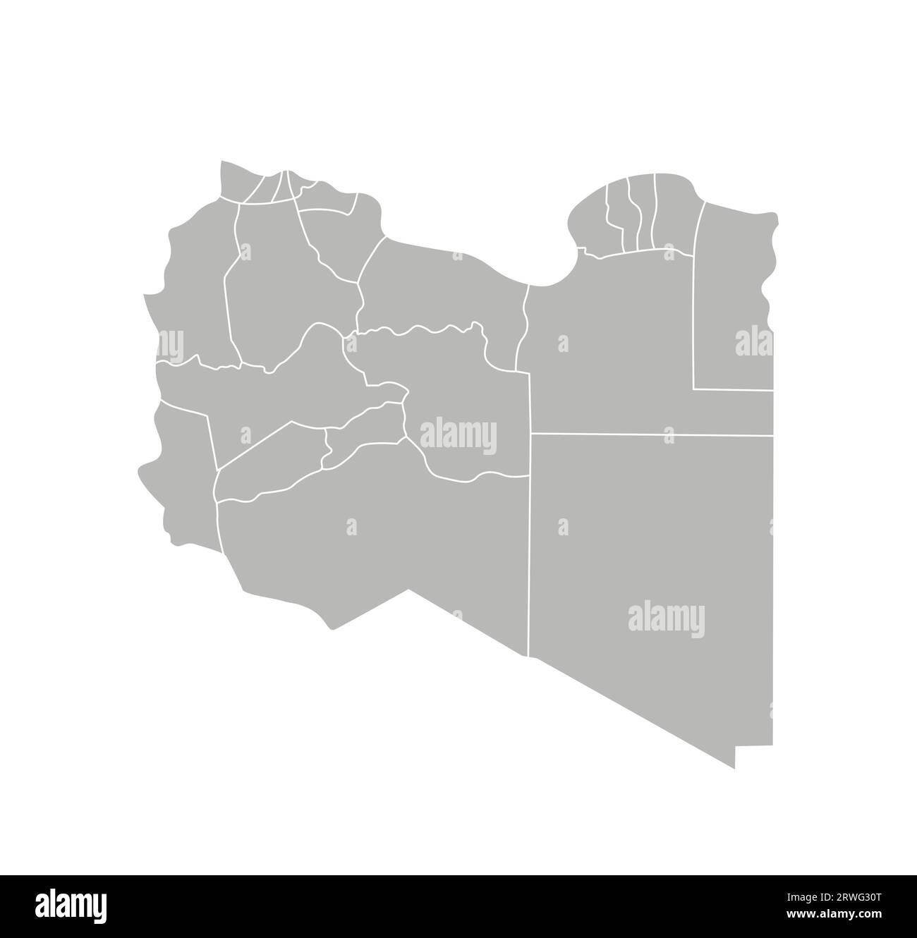 Vector isolated illustration of simplified administrative map of Libya. Borders of the districts (regions). Grey silhouettes. White outline. Stock Vector