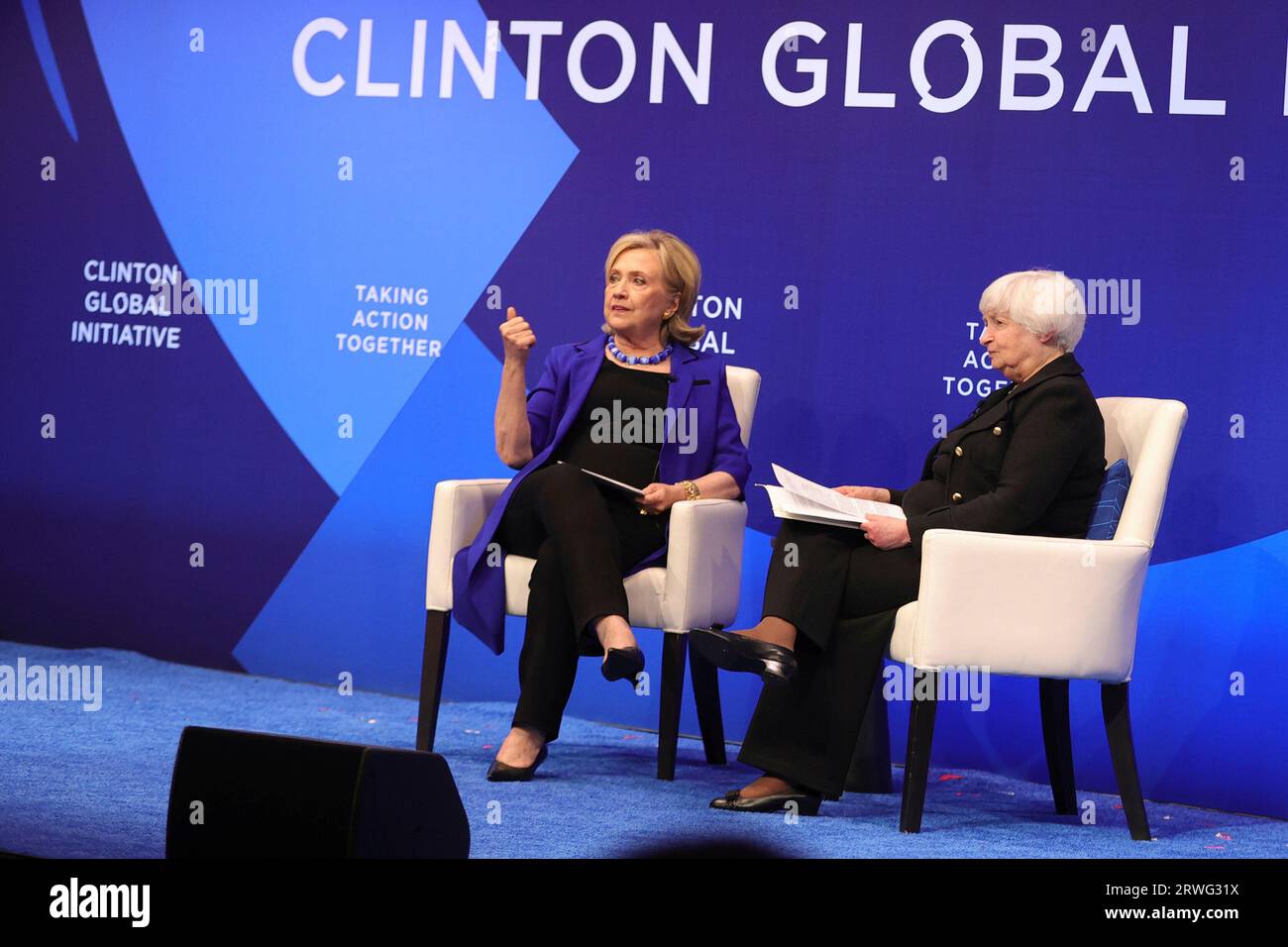 Hilton Hotel, New York, USA, September 18, 2023 - Former Secretary of State Hillary Clinton and Janet Yellen, United States Secretary of the Treasury, speak on day one of Clinton Global Initiative 2023 Meeting held at the Hilton Hotel today at the United Nations Headquarters in New York. Photo: Luiz Rampelotto/EuropaNewswire Stock Photo