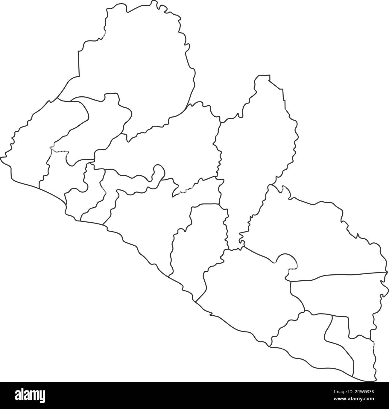 Vector isolated illustration of simplified administrative map Liberia. Borders of the counties. Black line silhouettes. White background Stock Vector